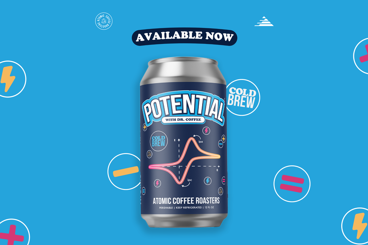 POTENTIAL cold brew can on blue with Available Now