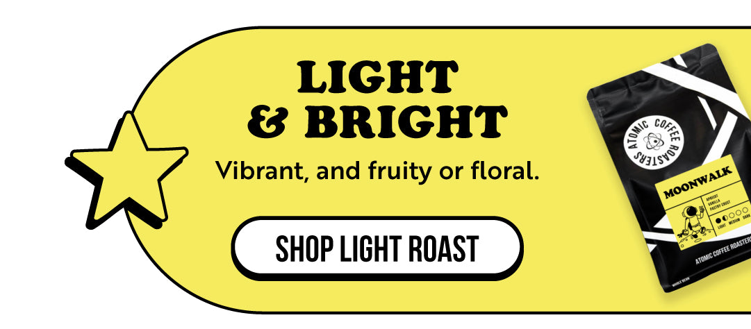 Promotional banner for light roast coffee with a yellow background and coffee package.