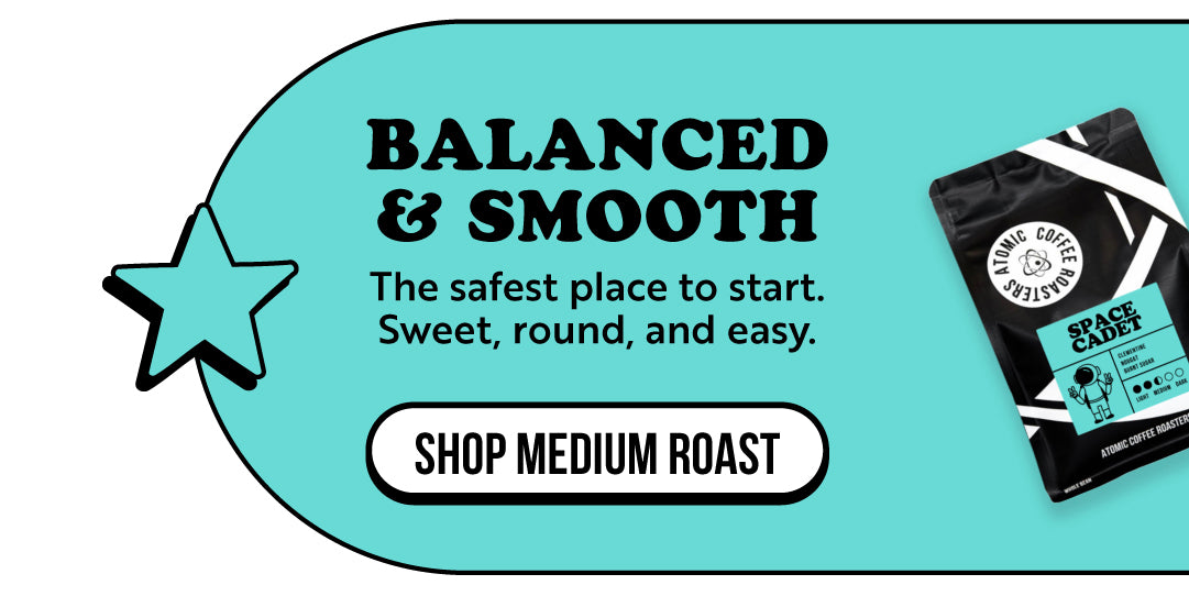Promotional banner for medium roast coffee with text and a coffee package on a light blue background.