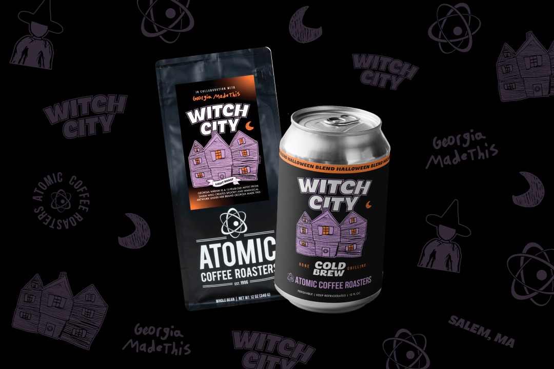 Seasonal Witch City coffee blend in black Atomic Coffee Roaster bag and Witch City Cold Brew in 12 oz can.