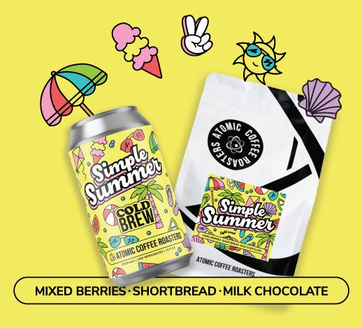Simple Summer cold brew can and coffee bag, with summer icons. Mixed berries, shortbread, milk chocolate.