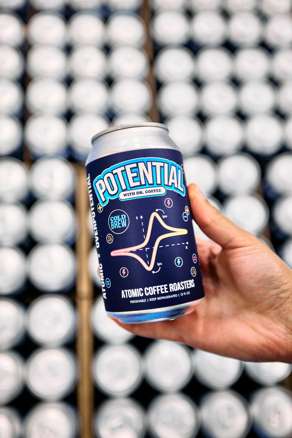 A can of POTENTIAL cold brew, fresh off the line